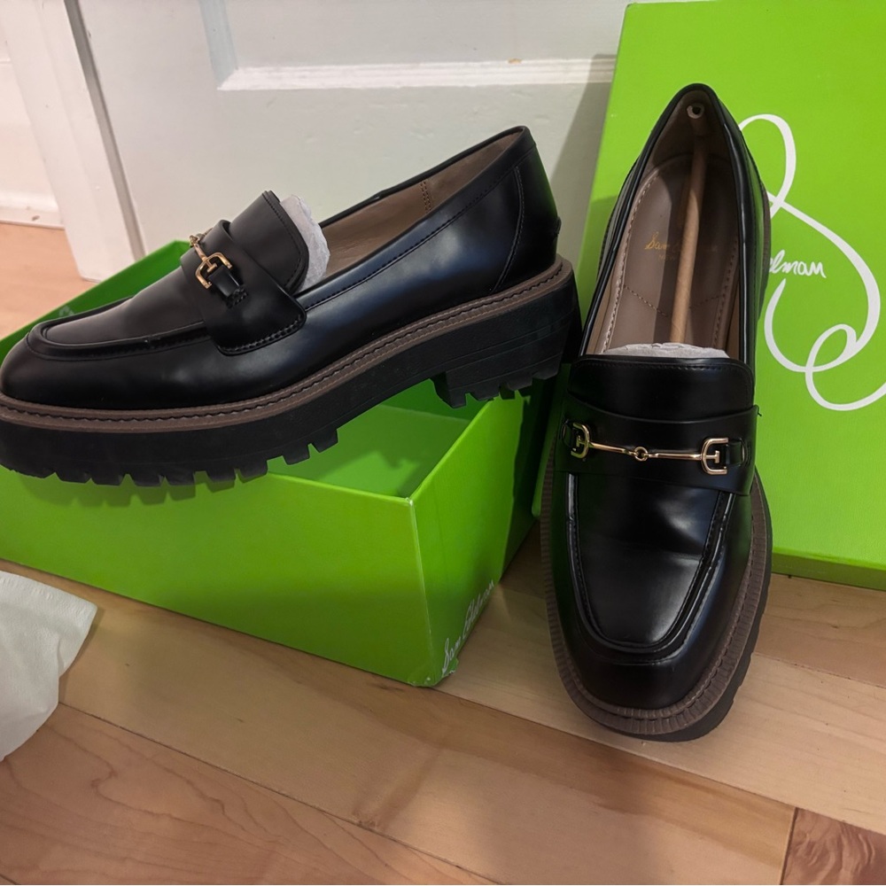 Sam Edelman Black Leather Lug Sole Loafers with Gold Hardware - Picture 2 of 3
